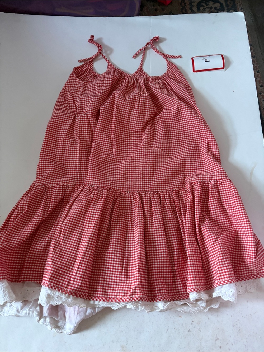 Girls' Red Gingham Tie-Shoulder Casual Dress with Lace Trim